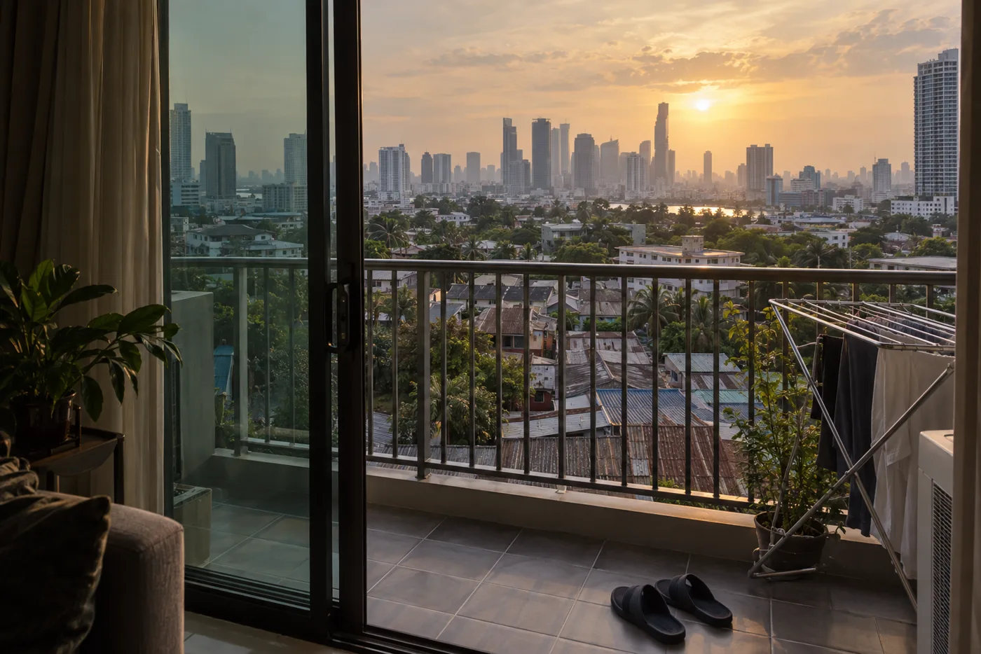 The balcony of a Bangkok condominium in the late afternoon, looking out over lower rooftops, green treetops and a cluster of distant towers.