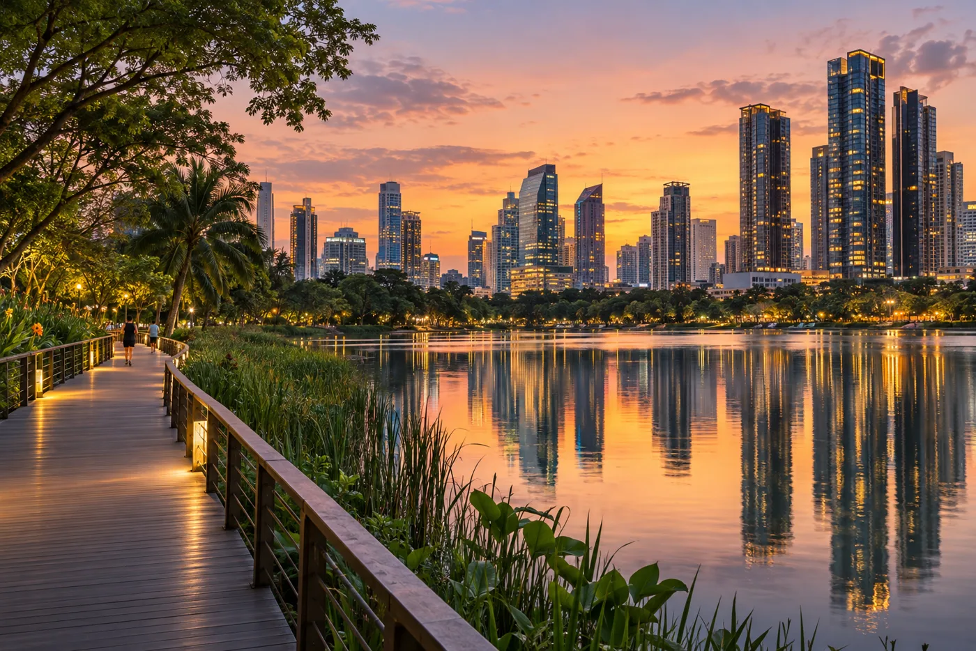 The lake at Benchakitti Park in Bangkok at dusk, with a boardwalk in the foreground and the high-rise towers of Asoke lit up behind the water