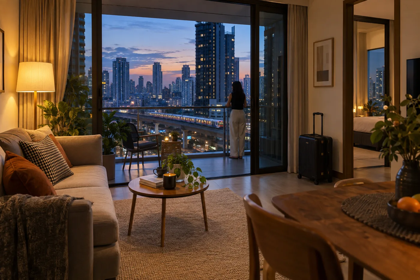 A furnished one-bedroom apartment in central Bangkok in the early evening, with a sofa, small dining table and open balcony doors looking out over condominium towers and an elevated railway