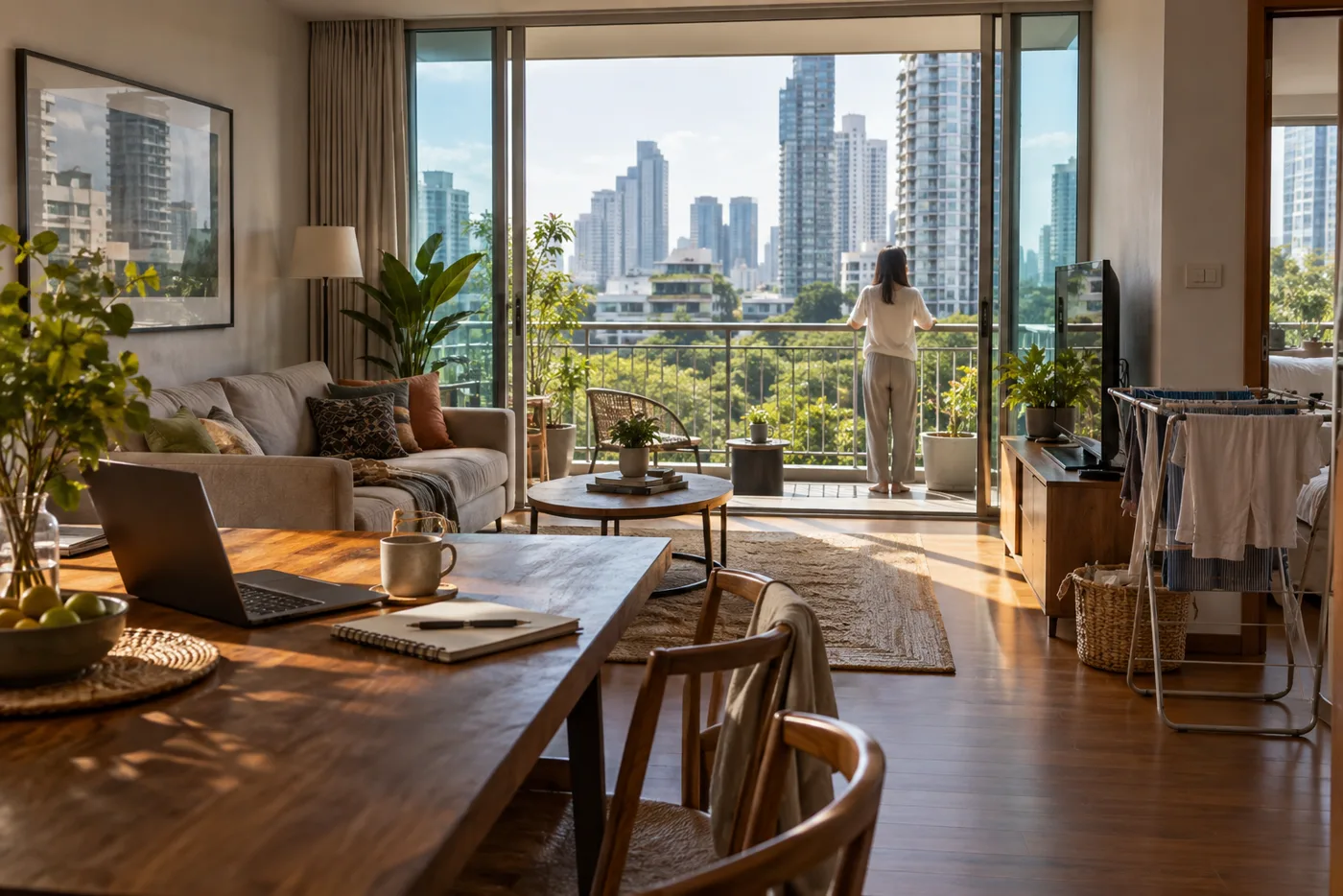 A furnished apartment living room in central Bangkok in the morning, with a laptop and coffee on the dining table and open balcony doors looking out towards condominium towers
