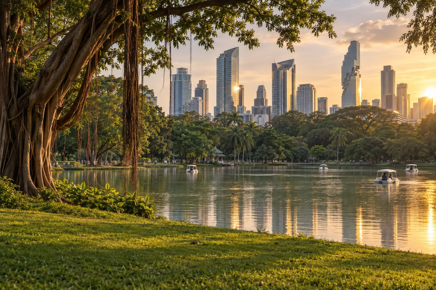 The lake in Lumphini Park in late afternoon, with the high-rise towers of the Silom district standing behind the trees.