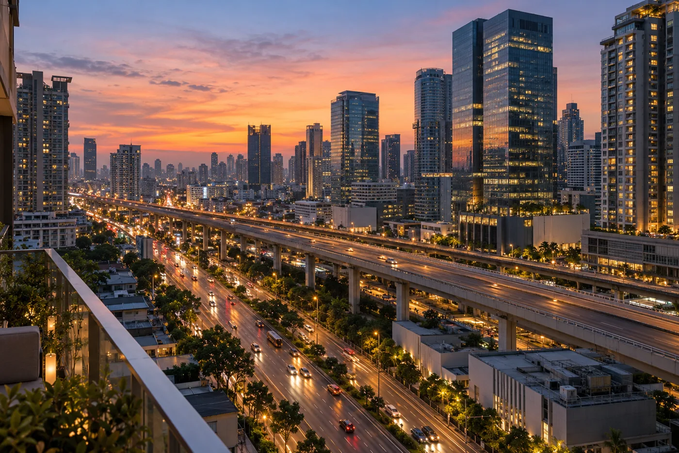 Early evening at the Rama 9 intersection in Bangkok, with traffic moving beneath an elevated expressway and glass office and condominium towers rising on both sides.
