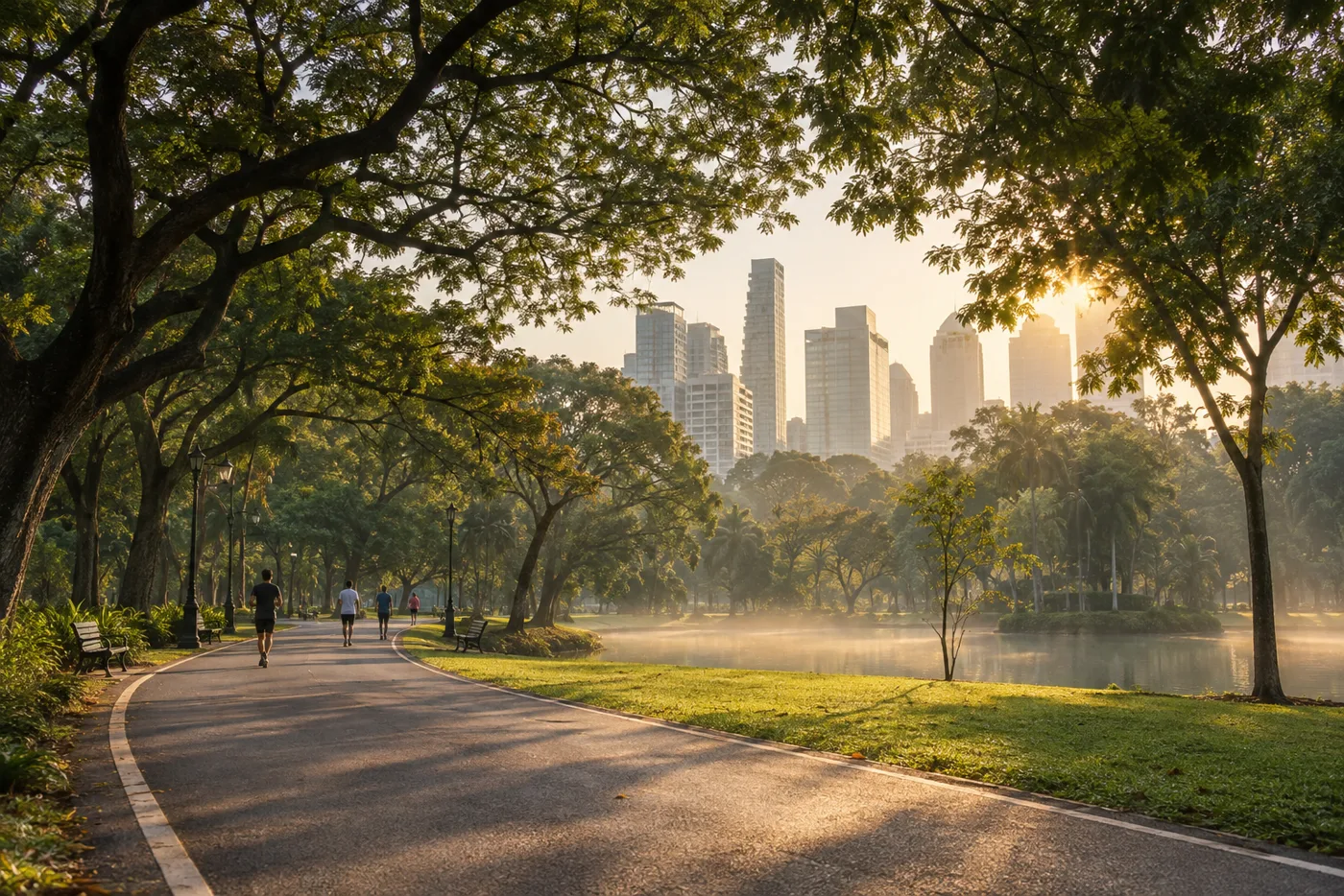 An early-morning path inside Lumphini Park in Bangkok, with joggers on the loop and condominium towers rising beyond the trees.