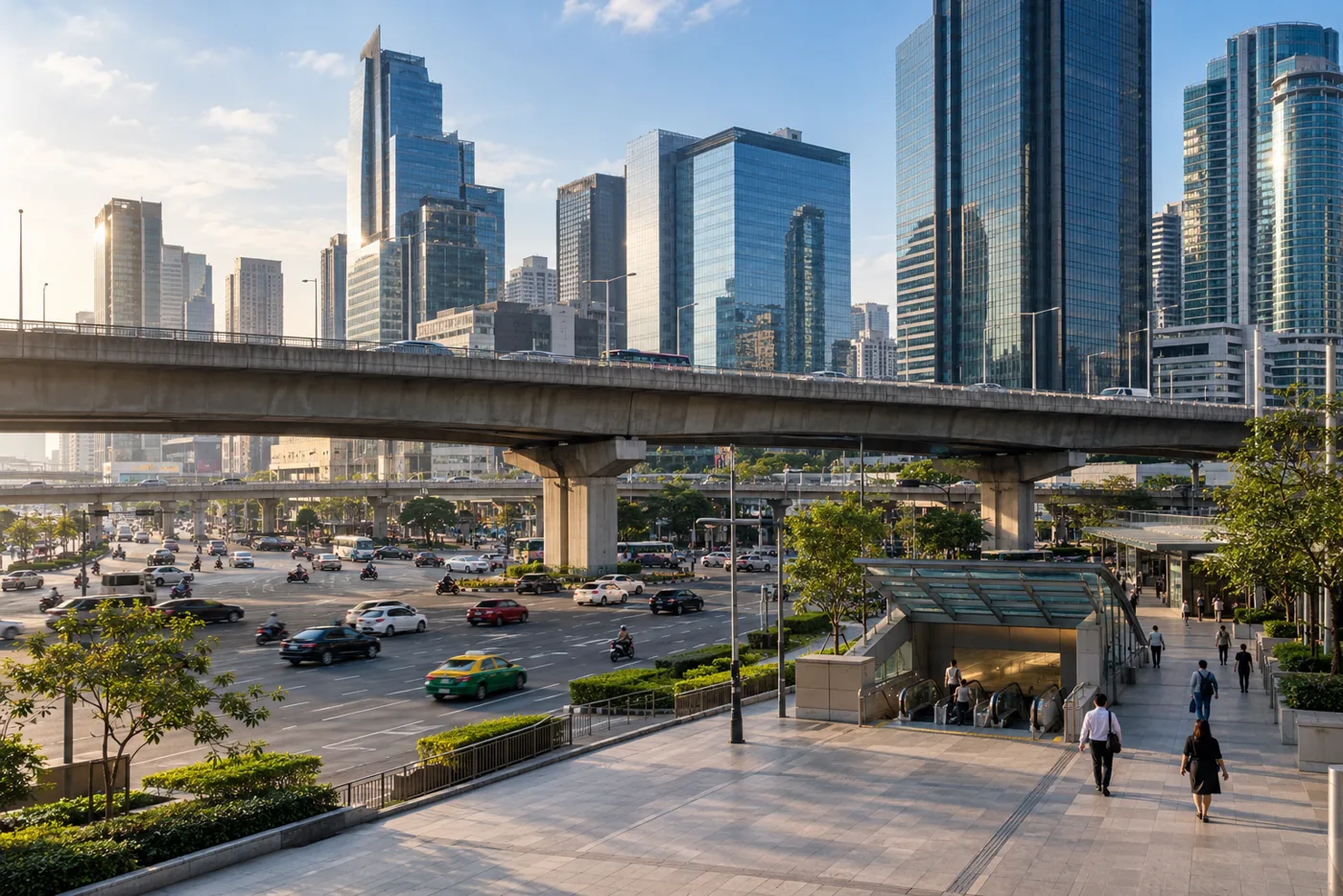Office towers around the Rama 9 and Ratchadaphisek intersection in Bangkok on a weekday morning, with an elevated expressway crossing in front of them