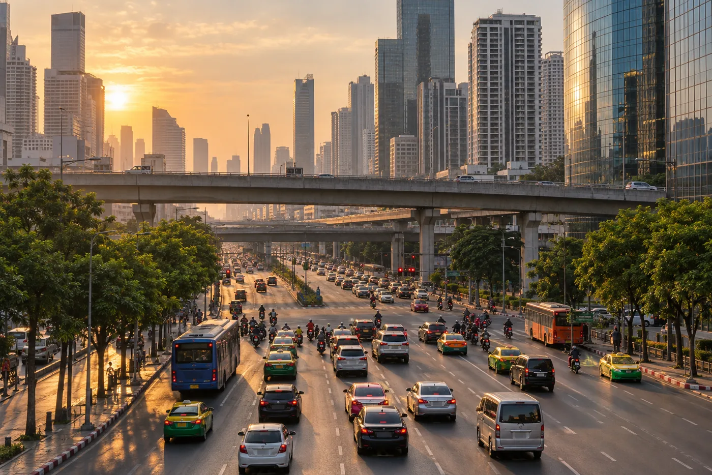 Late afternoon at the Rama 9 road junction in Bangkok, with glass office towers and condominium blocks rising behind a wide road, an elevated expressway crossing above and traffic queuing at the lights.