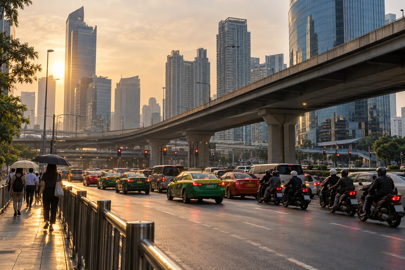 The Rama 9 intersection in Bangkok photographed from the pavement in late afternoon, with an elevated expressway crossing overhead, taxis and motorbikes waiting at the lights and glass office and condominium towers on every corner.