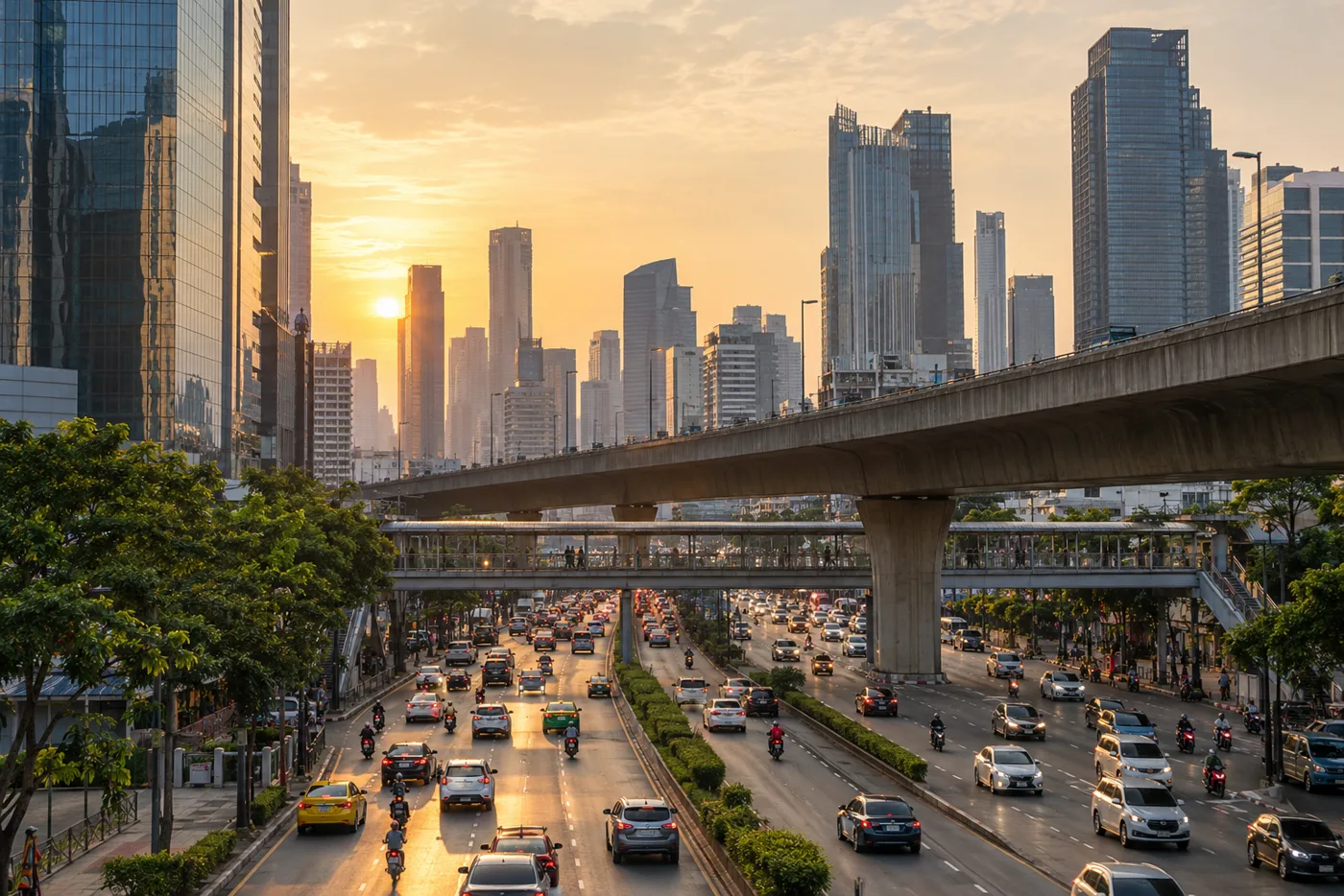 Late afternoon view of the Rama 9 road junction in Bangkok, with glass office towers on both sides, a flyover crossing the road and traffic moving beneath it