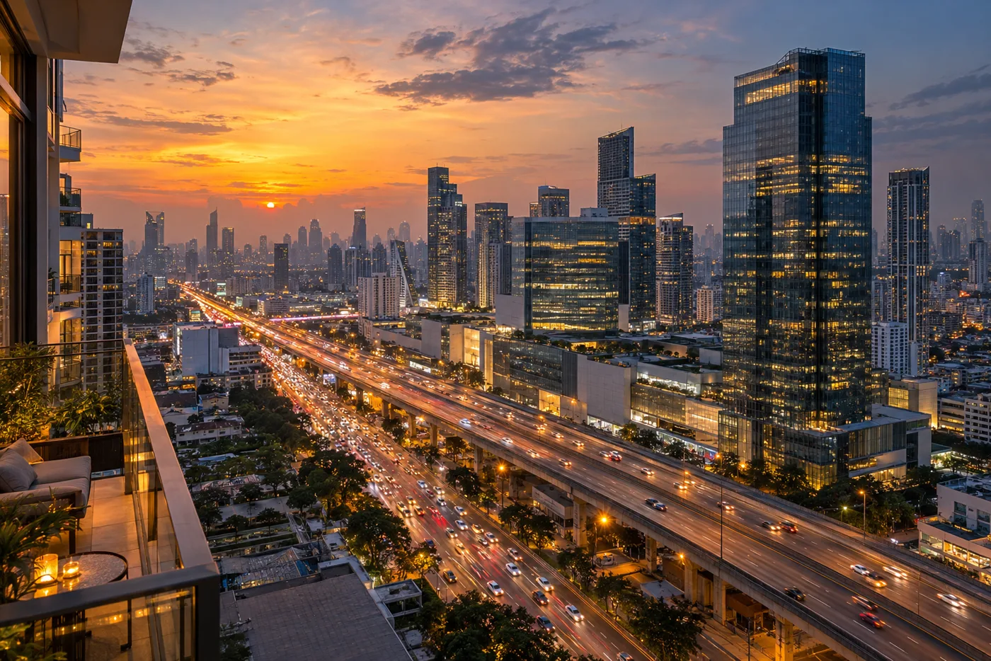 The Rama 9 district of Bangkok at dusk seen from a high balcony, with office towers along Ratchadaphisek Road and expressway traffic below.