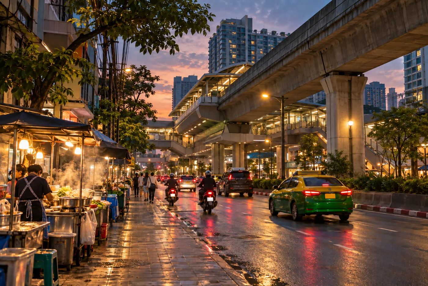 Sukhumvit Road at On Nut in Bangkok in the early evening, with the elevated Skytrain track running overhead, food stalls on the pavement and condominium towers behind.