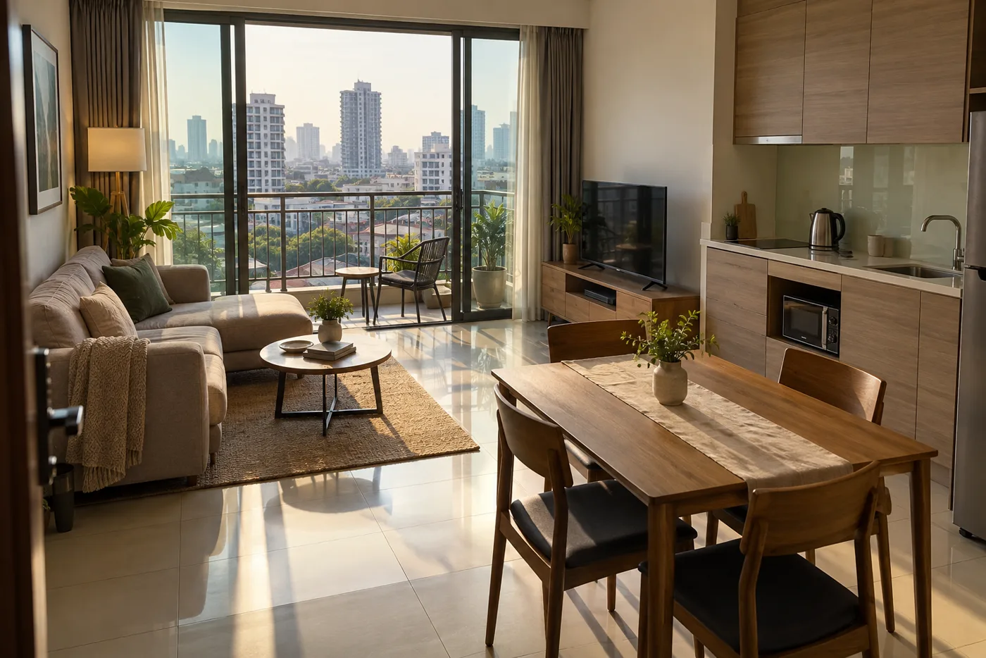 The living area of a furnished Bangkok condominium, with a sofa and dining table in front of sliding doors to a balcony, and mid-rise towers along Sukhumvit Road visible outside in the afternoon light.