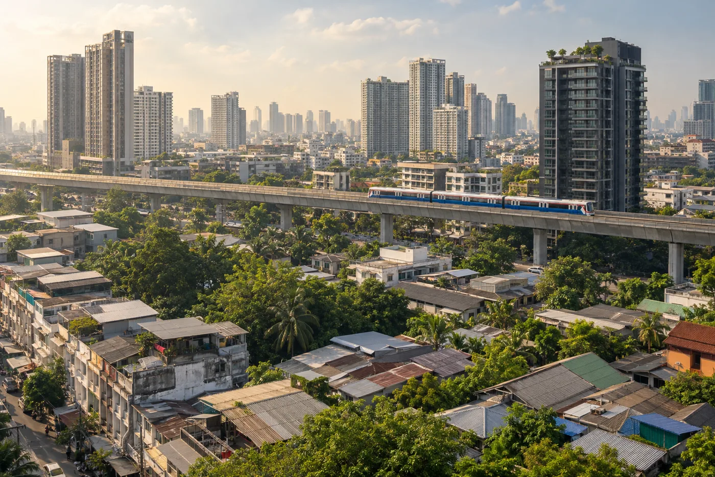 Daytime view over On Nut in Bangkok from a high balcony: low-rise shophouse rooftops in the foreground, condominium towers behind them and the elevated Skytrain line crossing in the distance