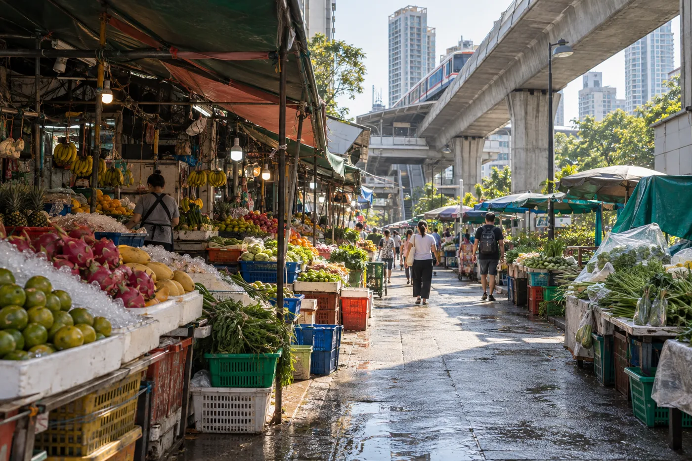 A daytime market lane beside the elevated Skytrain track at On Nut in Bangkok, with fruit and vegetable stalls under canvas awnings, shoppers walking away from the camera and condominium towers rising behind.