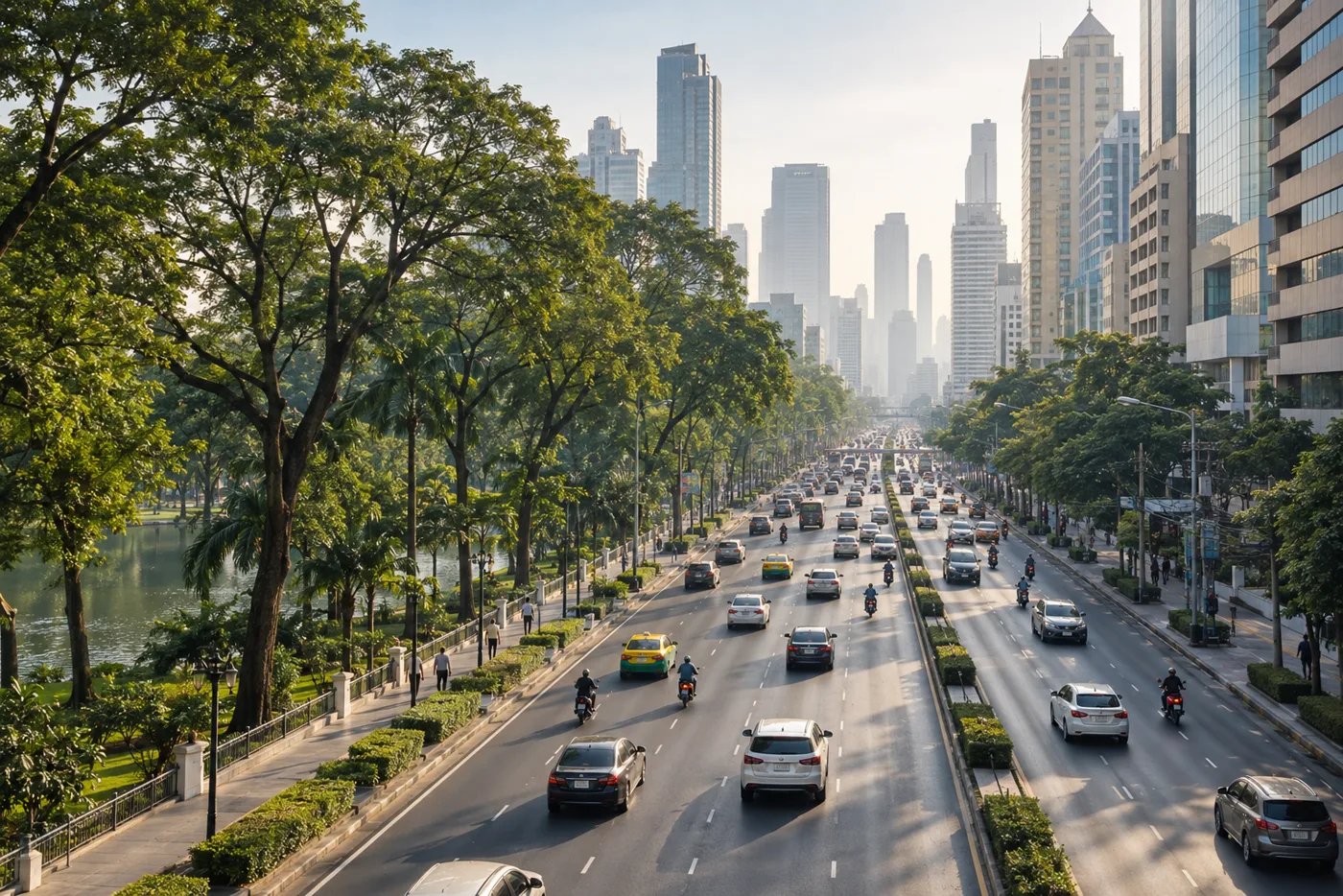 Rama IV Road in Bangkok on a bright morning, with the trees of Lumpini Park on one side, office and residential towers on the other, and traffic moving along the wide road