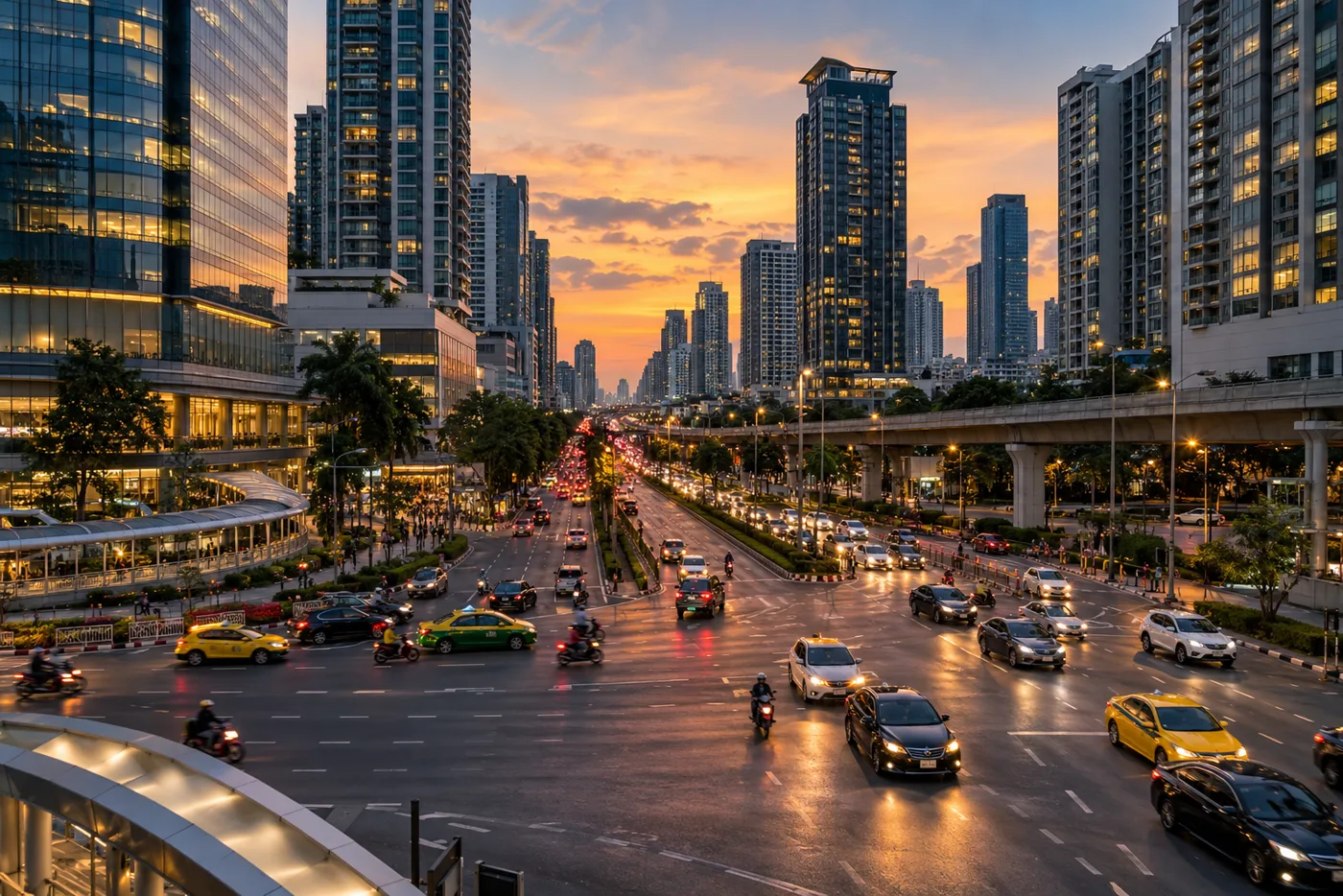 Rama IX Road in Bangkok in the early evening, seen from a raised walkway, with glass office and residential towers on both sides and traffic moving below