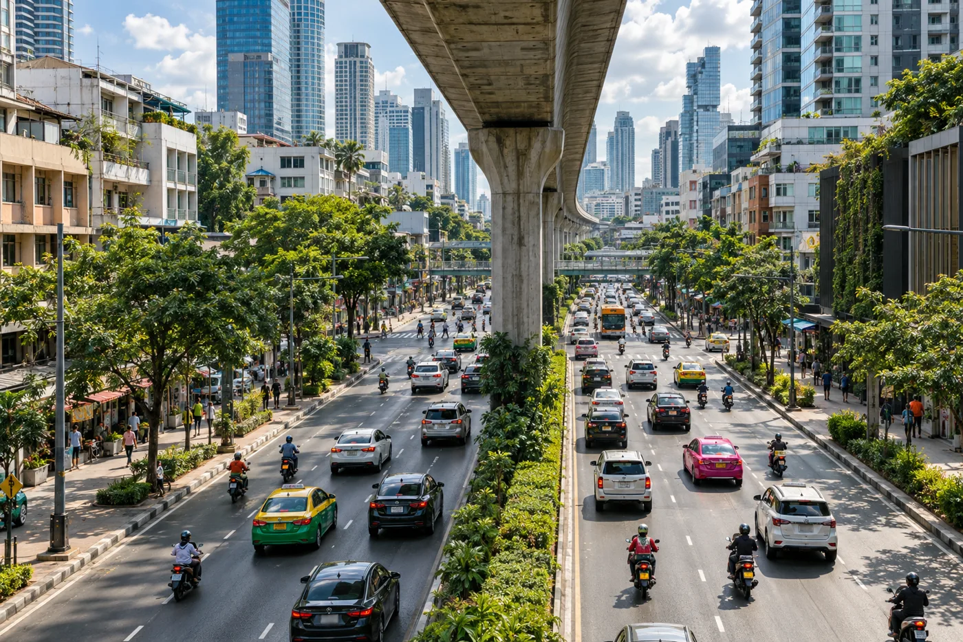 Sukhumvit Road in Bangkok seen from a pedestrian footbridge in daylight, with the BTS Skytrain viaduct above six lanes of traffic and condominium towers on both sides of the road.