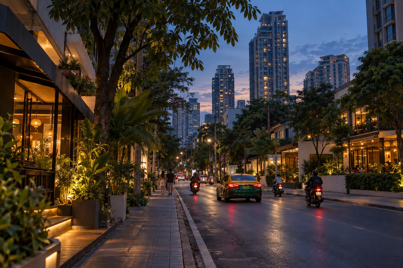 Thong Lo road in Bangkok at dusk, lined with cafés and low-rise shops, with residential towers behind them and motorbikes moving along the street