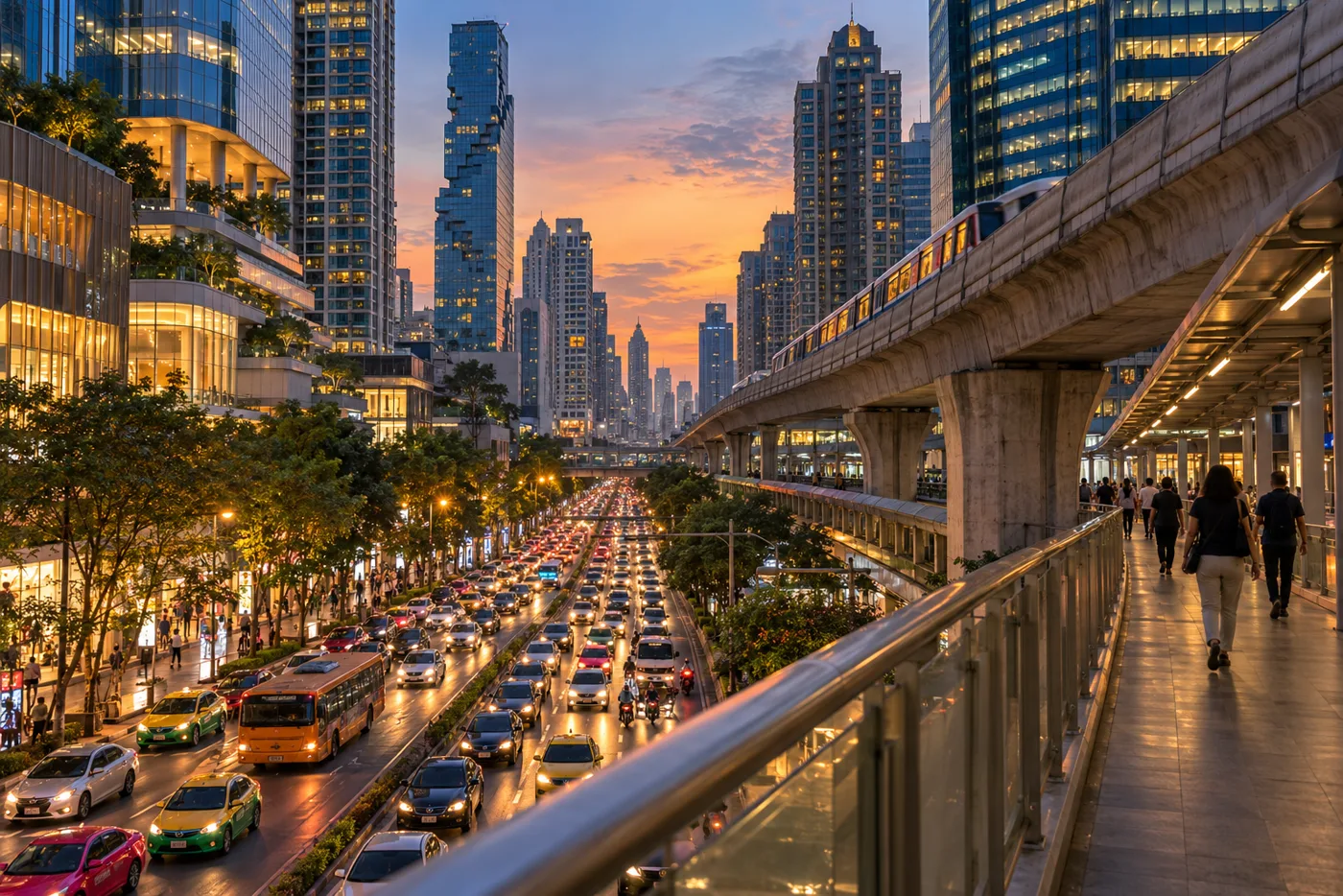 An elevated walkway beside the BTS Skytrain viaduct in central Bangkok at dusk, with tall glass towers and office buildings on both sides and traffic on the road below.