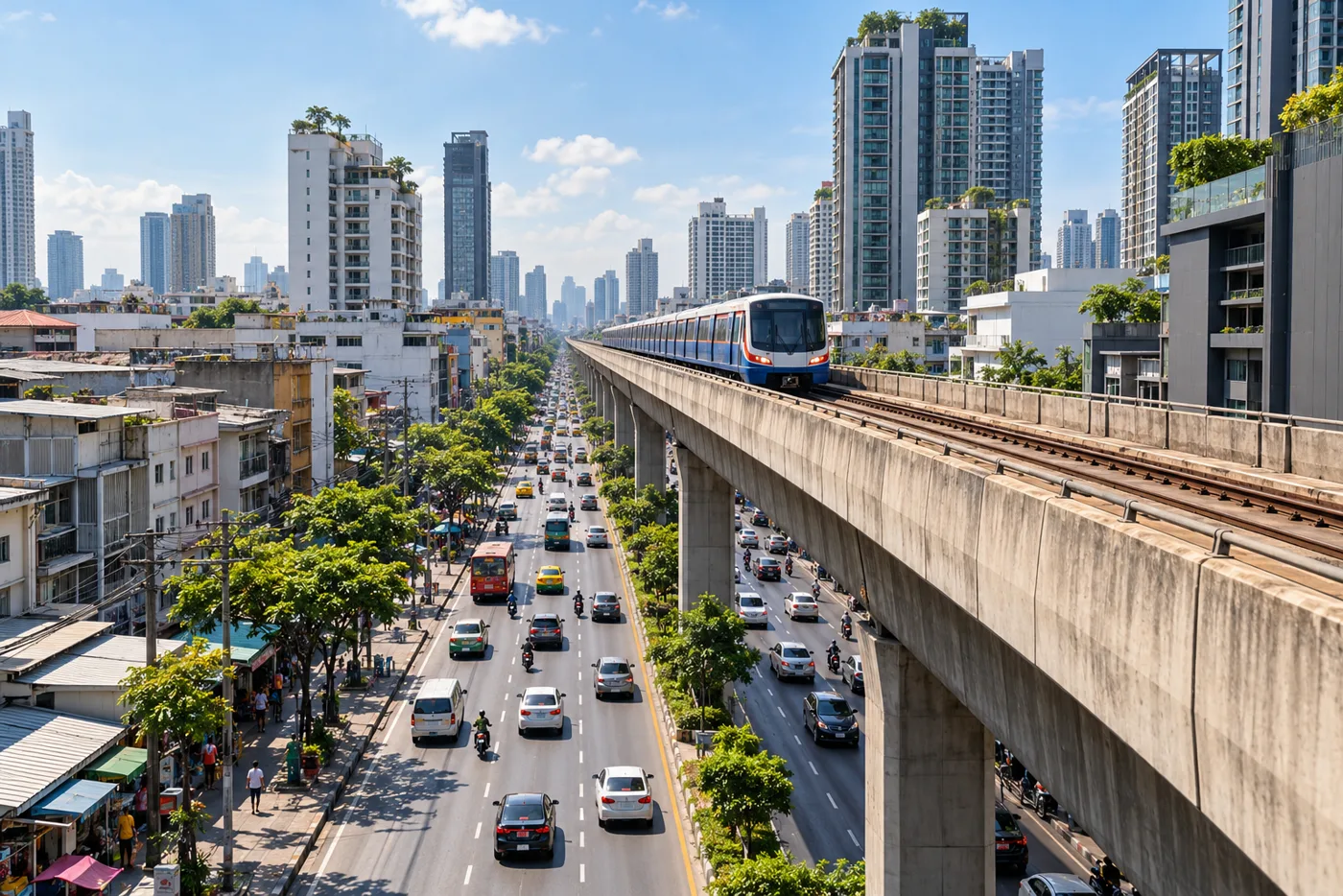 The elevated Skytrain track running along Sukhumvit Road in eastern Bangkok on a clear morning, with a train on the viaduct, traffic on the road below and residential towers stretching away along the line.
