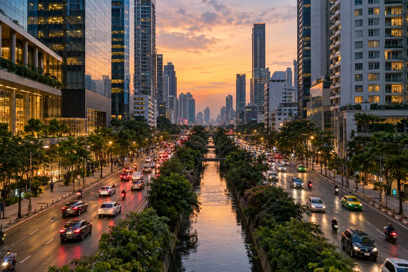 Sathon Road in Bangkok in the early evening, with office and residential towers on both sides and a tree-lined canal running down the middle of the road between the two carriageways