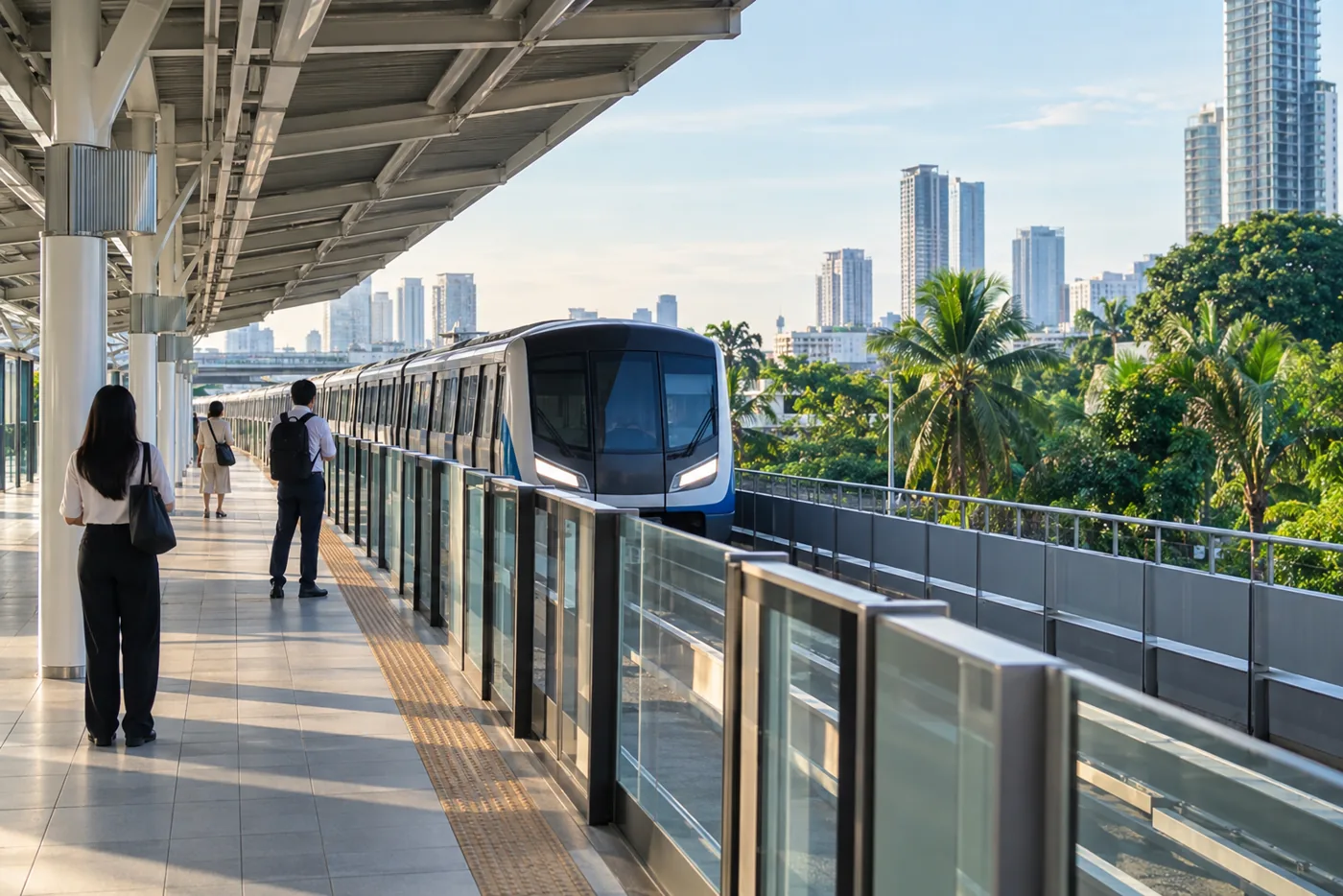 Commuters waiting on an elevated Skytrain platform in Bangkok in the early morning as a train arrives