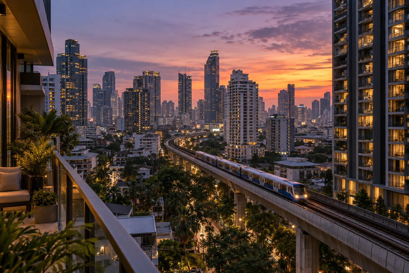 Central Bangkok at dusk seen from a condominium balcony, with a Skytrain crossing an elevated viaduct between lit towers