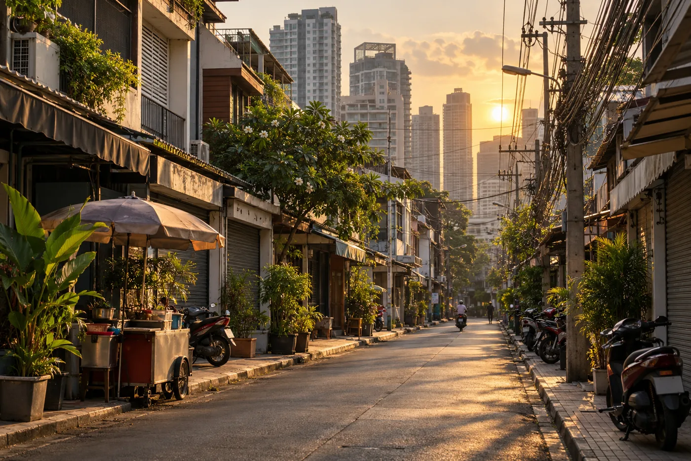 A quiet residential side street off Sukhumvit Road in eastern Bangkok in the late afternoon, with a row of shophouses, parked motorbikes, a street food cart and condominium towers rising behind.