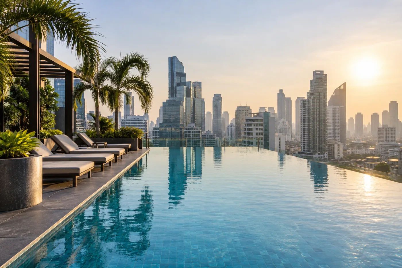 A residential rooftop swimming pool in Bangkok in the morning, with sun loungers along the edge and the high-rise towers of Asoke rising behind it