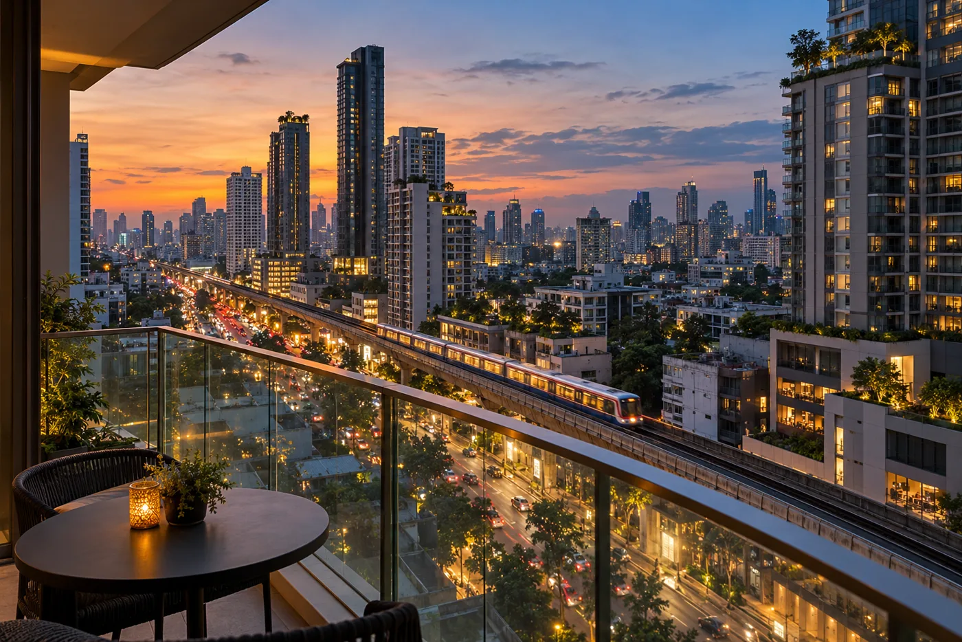 The view from a high-floor condominium balcony over Sukhumvit Road near Ekkamai at dusk, with the elevated BTS line running between residential towers and the city lights coming on