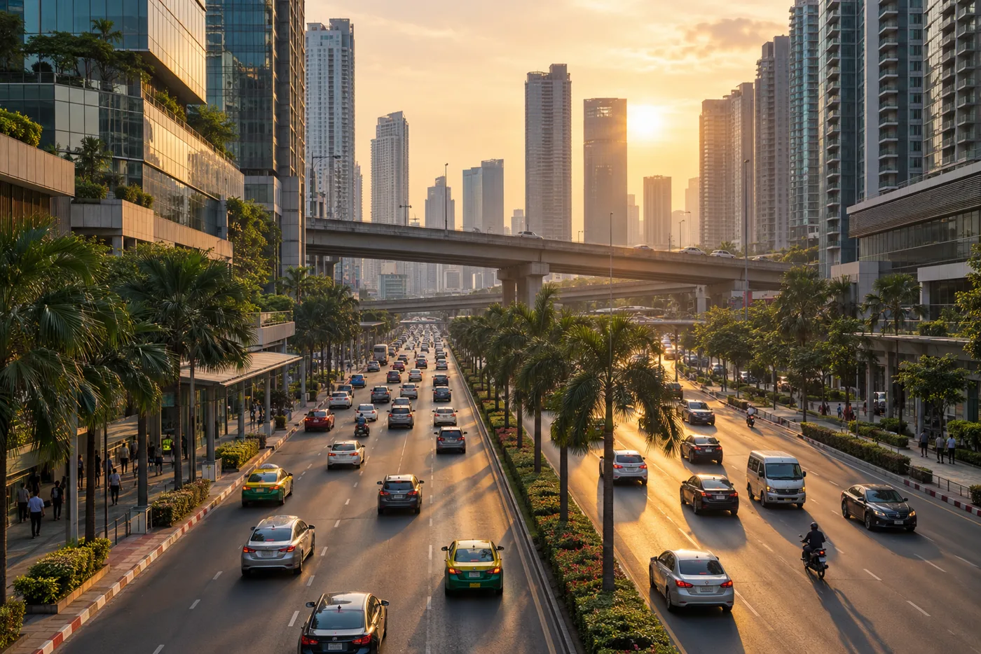 A wide avenue in Bangkok's Rama 9 district in the late afternoon, with modern residential and office towers on both sides, an elevated expressway in the distance and traffic moving below.