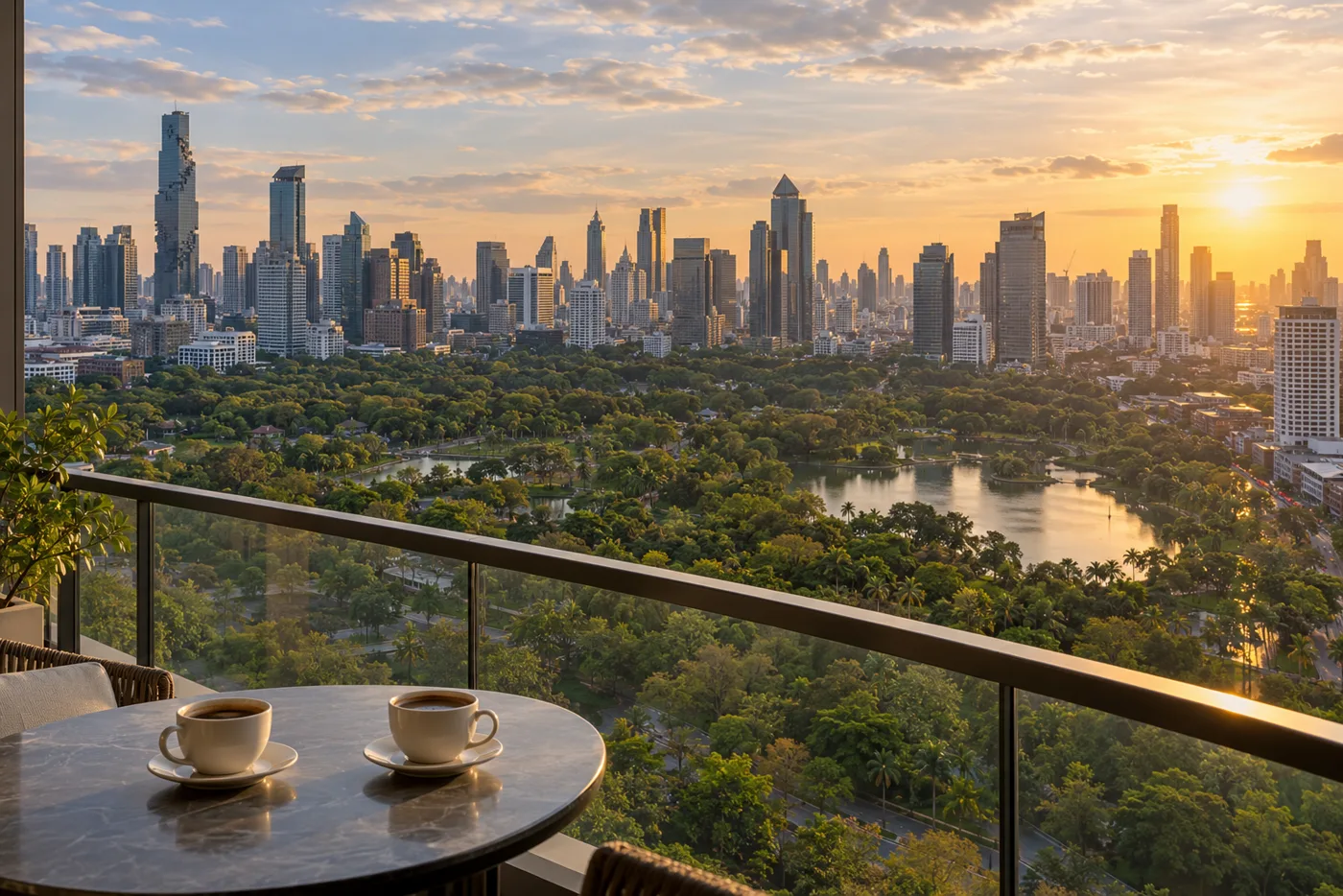 Late-afternoon view from a high-floor balcony over the trees and lake of Lumphini Park, with the office towers of Silom on the skyline.