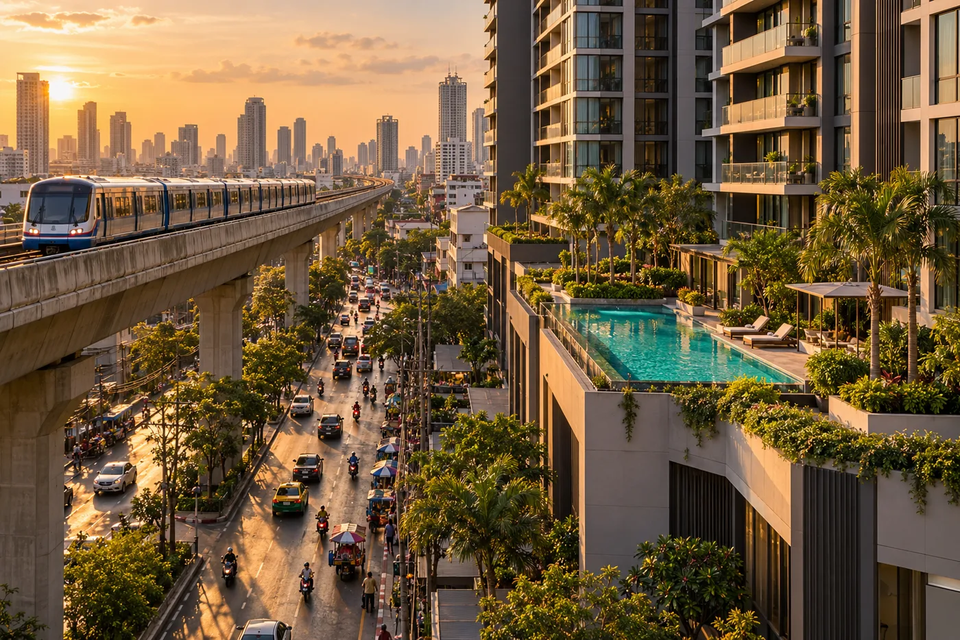 A residential condominium tower beside the elevated BTS Skytrain track in Bangkok's On Nut district in late afternoon, with a swimming pool on a landscaped podium deck and a train passing on the viaduct.