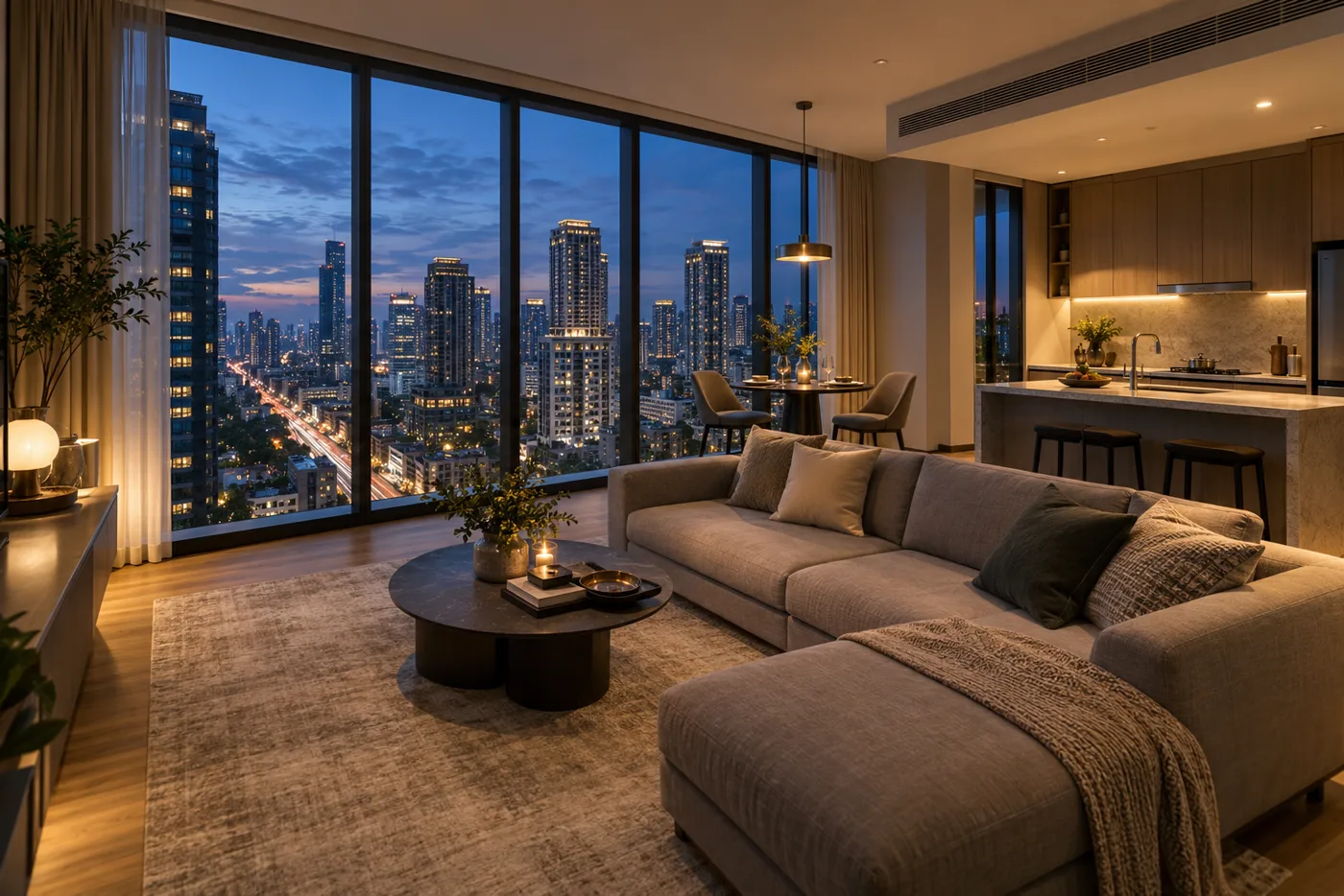An empty, furnished high-floor condo living room in Bangkok at dusk, with a sofa, a dining table and floor-to-ceiling windows looking out over the residential towers of Thong Lo.