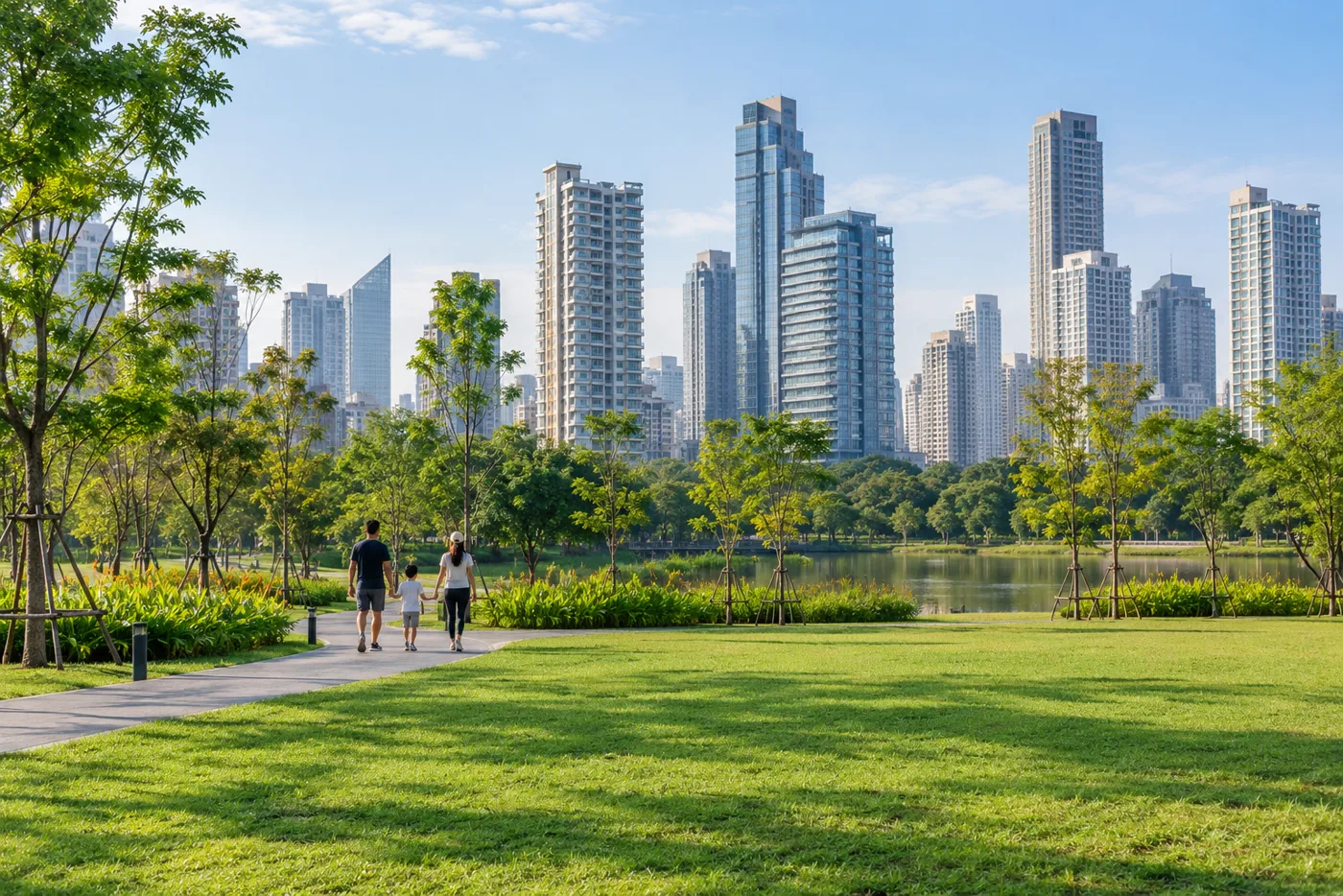 Two adults and a child walking away from the camera along a path across a green lawn at Benchakitti Park in Bangkok on a bright morning, with the high-rise towers of Asoke behind the trees.