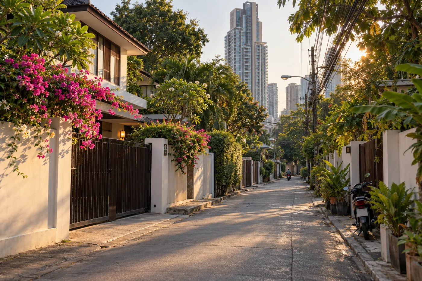 A quiet, tree-lined side lane off Ekkamai Road in Bangkok, with gated low-rise houses in front and a condominium tower behind them in late-afternoon light