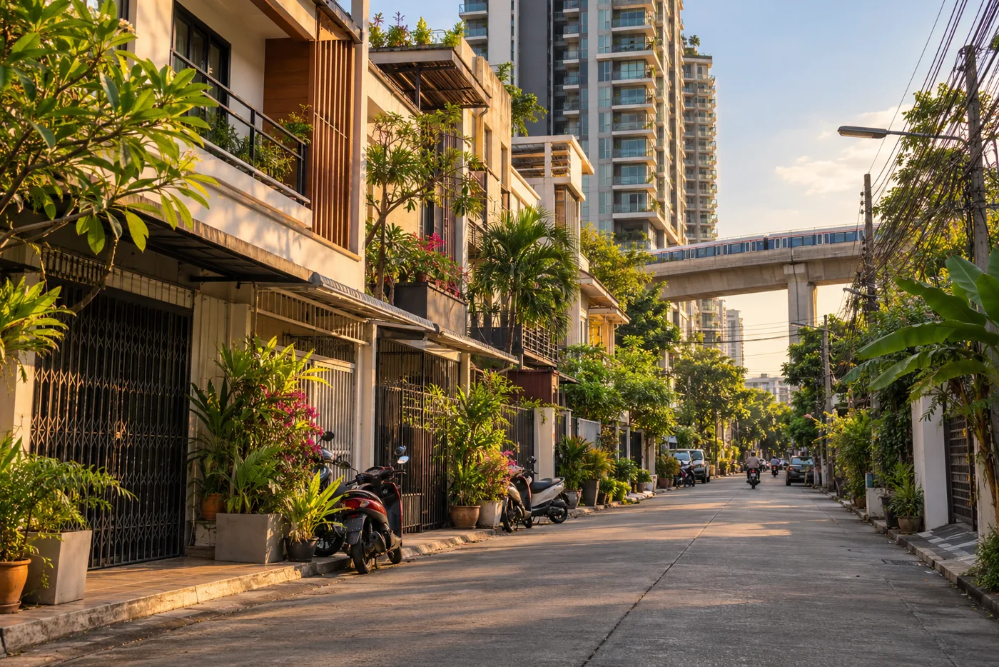 A quiet residential soi in On Nut in the late afternoon, with low-rise townhouses in front, a mid-rise condominium tower behind and the elevated BTS line in the distance