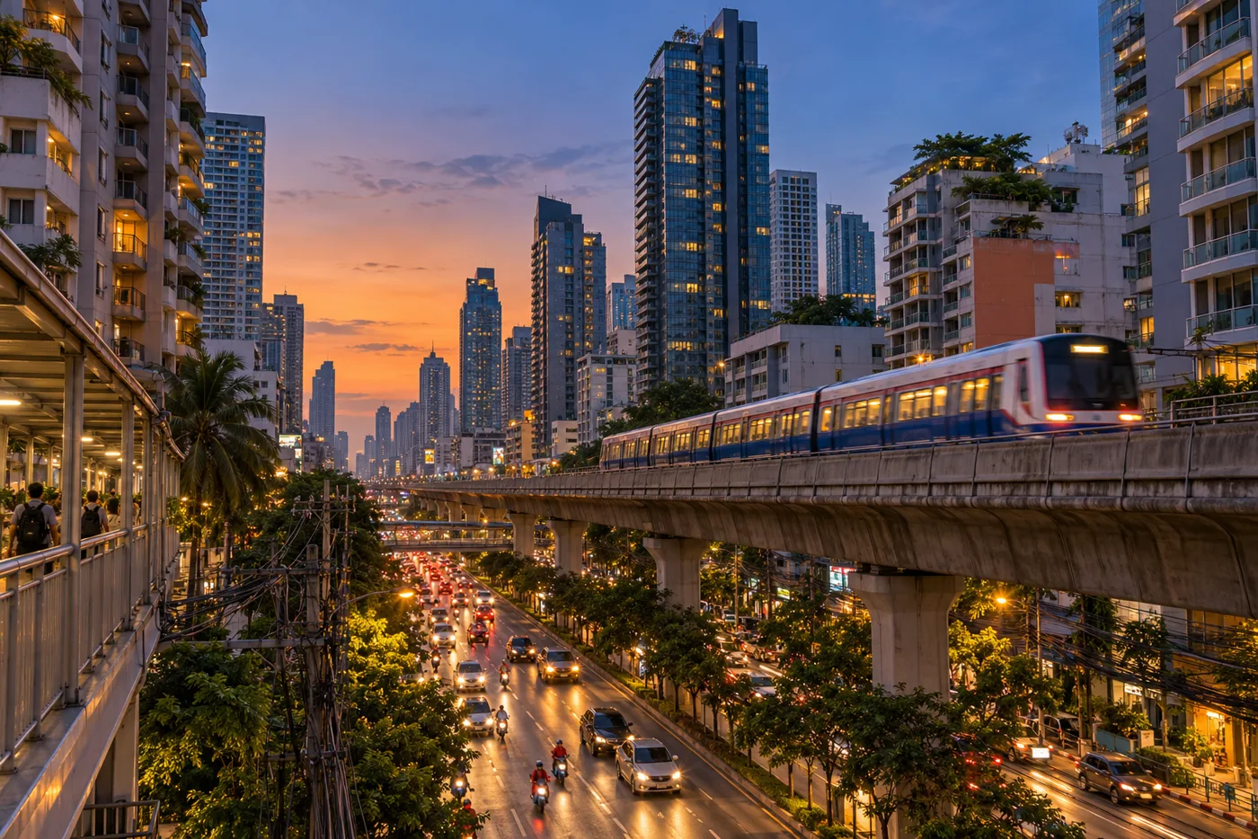 Residential condominium towers along Sukhumvit Road in Bangkok at dusk, with the elevated BTS Skytrain line running between them and lights coming on in the windows