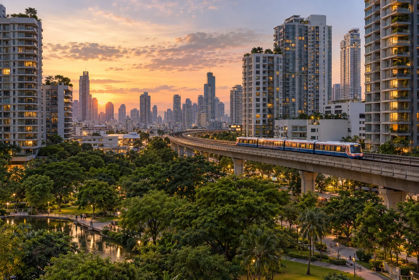 A wide view over central Bangkok in the early evening, with residential towers, a green park and the elevated BTS line running between them