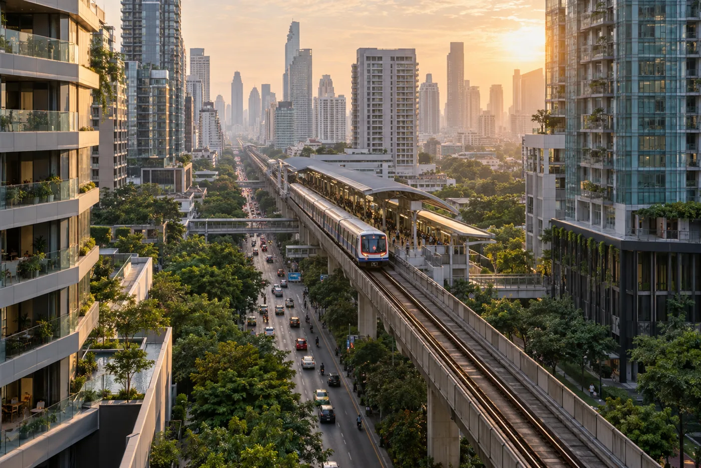A BTS Skytrain pulling into an elevated station above a busy Bangkok road, condominium towers rising on both sides in late afternoon light