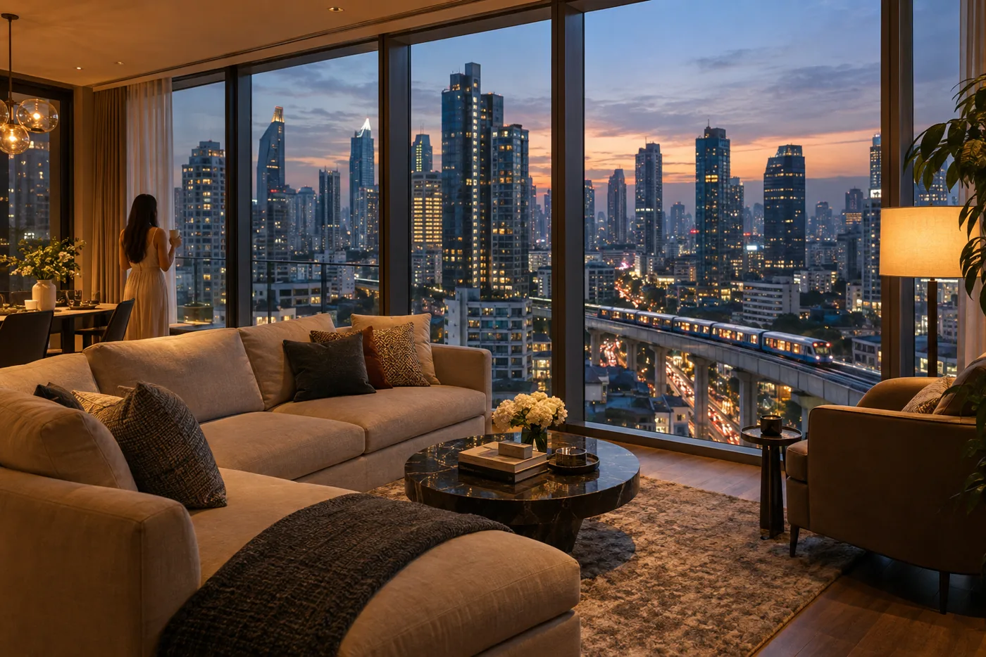 High-floor living room in a central Bangkok condominium at dusk, floor-to-ceiling windows looking out over lit towers