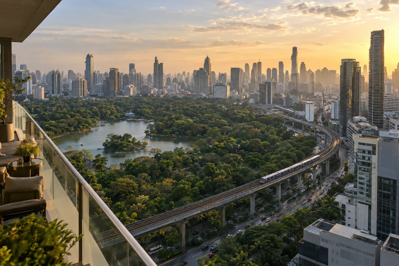 Central Bangkok seen from a high condominium balcony in the late afternoon, green parkland on one side and glass towers on the other