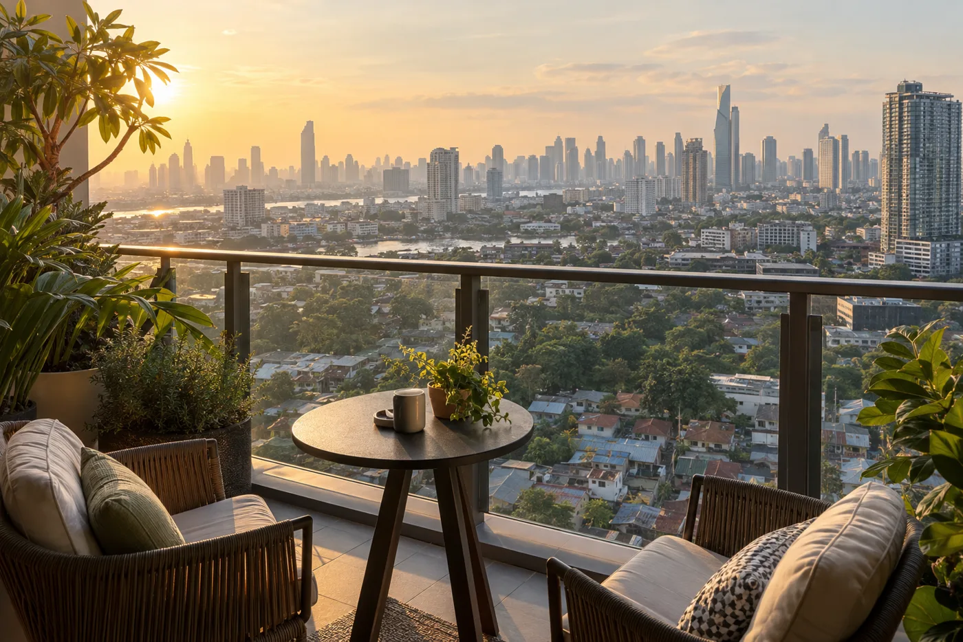 A wide balcony on a central Bangkok apartment tower in the late afternoon, looking out over green treetops, low-rise rooftops and distant high-rises