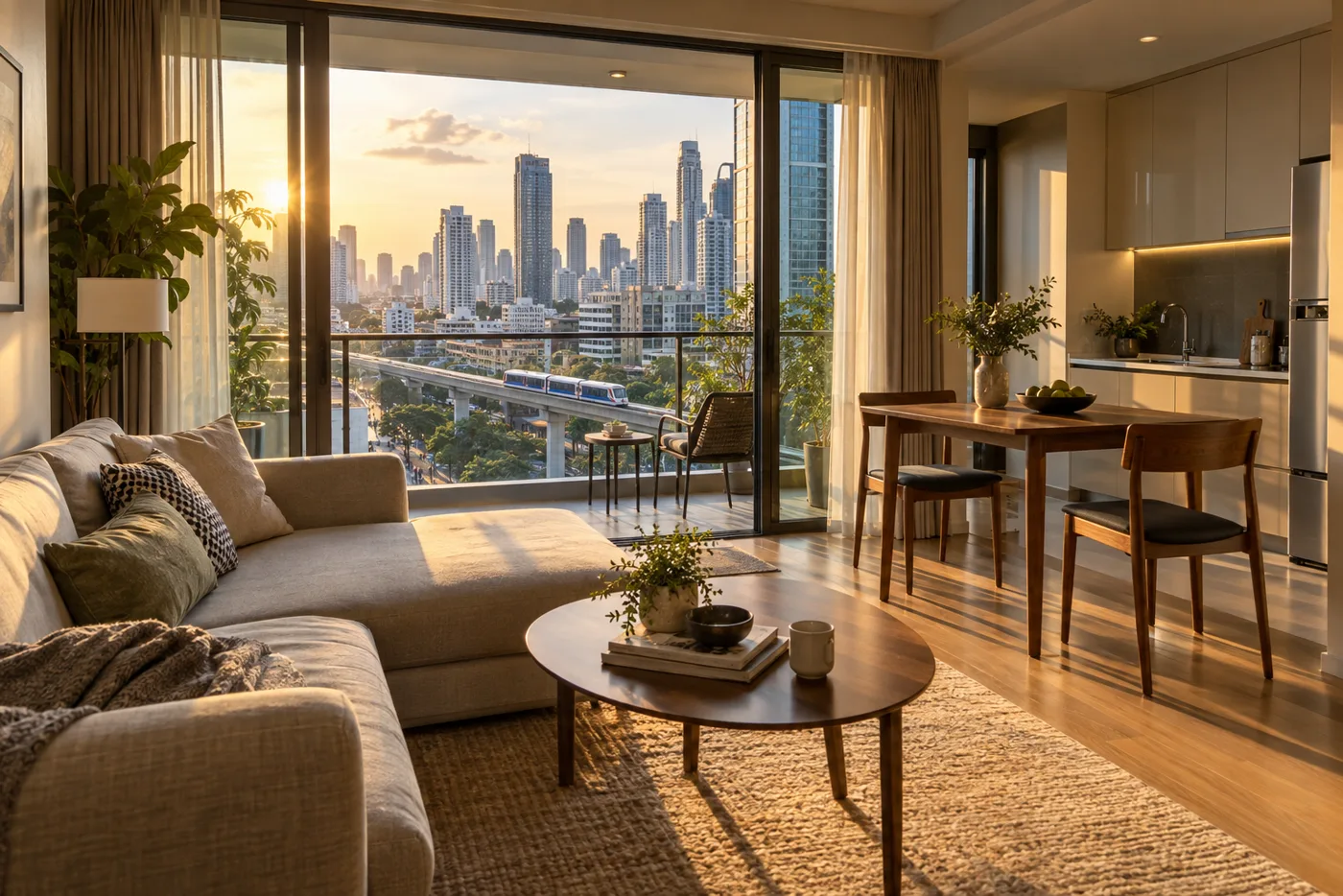 Furnished living room in a central Bangkok serviced apartment in late-afternoon light, with a sofa, dining table and balcony doors open onto a view of condominium towers