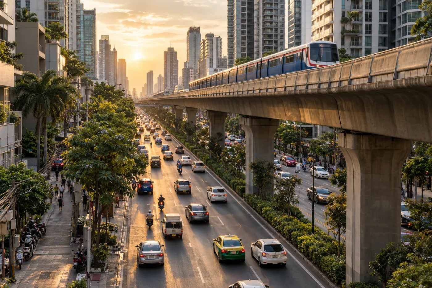 Sukhumvit Road in Bangkok in the late afternoon, with the elevated Skytrain track running above the traffic and condominium towers on both sides of the road